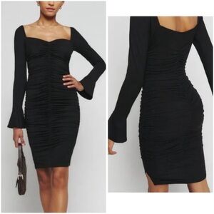 NWOT REFORMATION Barrie Knit Long Sleeve Black Ruched Bell Sleeve Stretch Dress